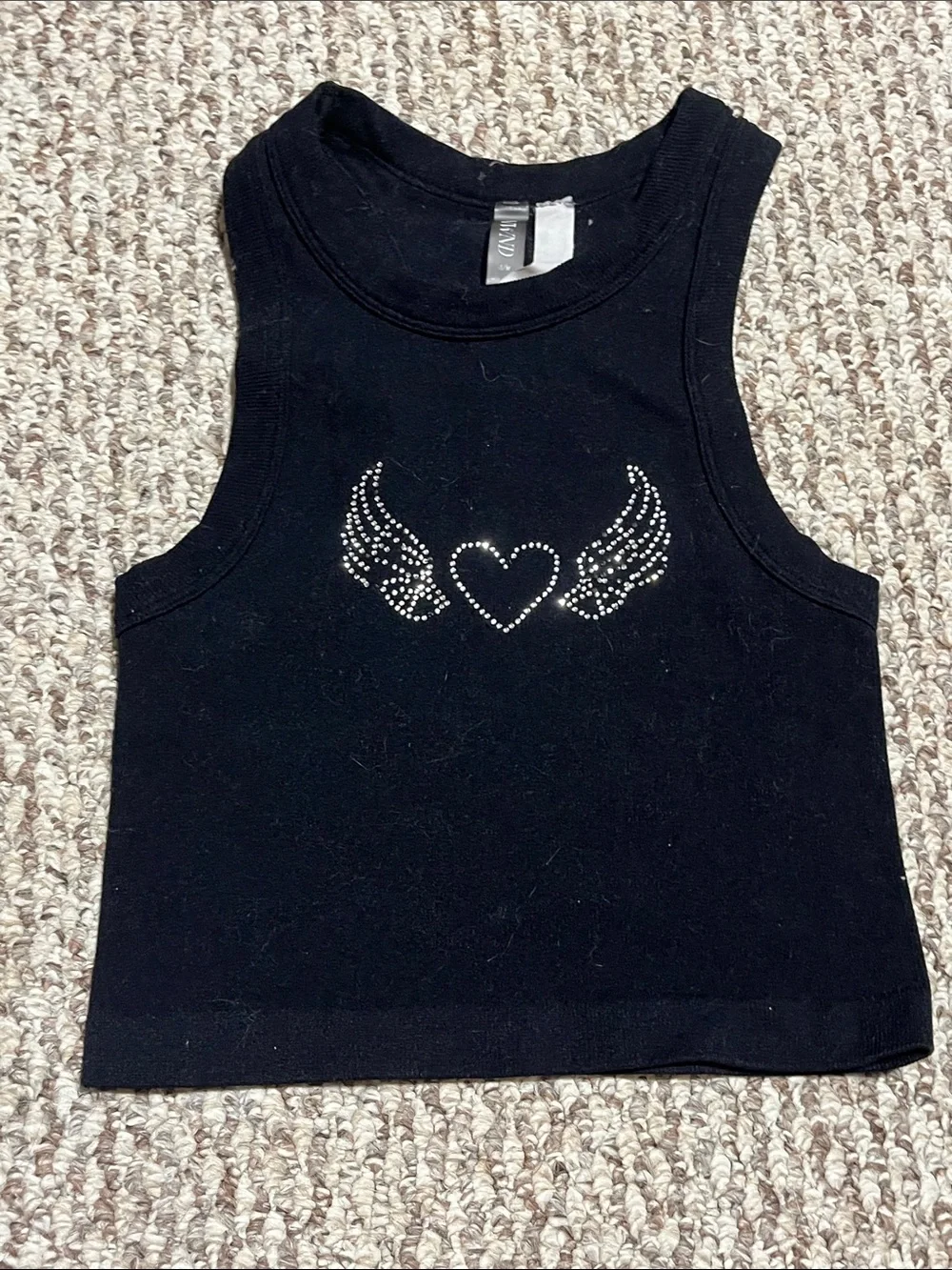 Girls Black Tank Top with Rhinestone Heart & Wings